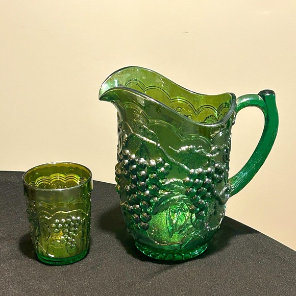 Vintage Imperial Grape Green Carnival Glass Water Pitcher and Cup RARE SET/COLOR - Picture 4 of 9